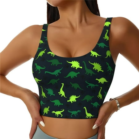 Qokaie Dinosaurs Pattern Womens Scoop Neck Sports Bra Breathable Workout Vest Padded U Back Medium Impact Fitness Gym Yoga Bra Workout Crop Top-X-Large