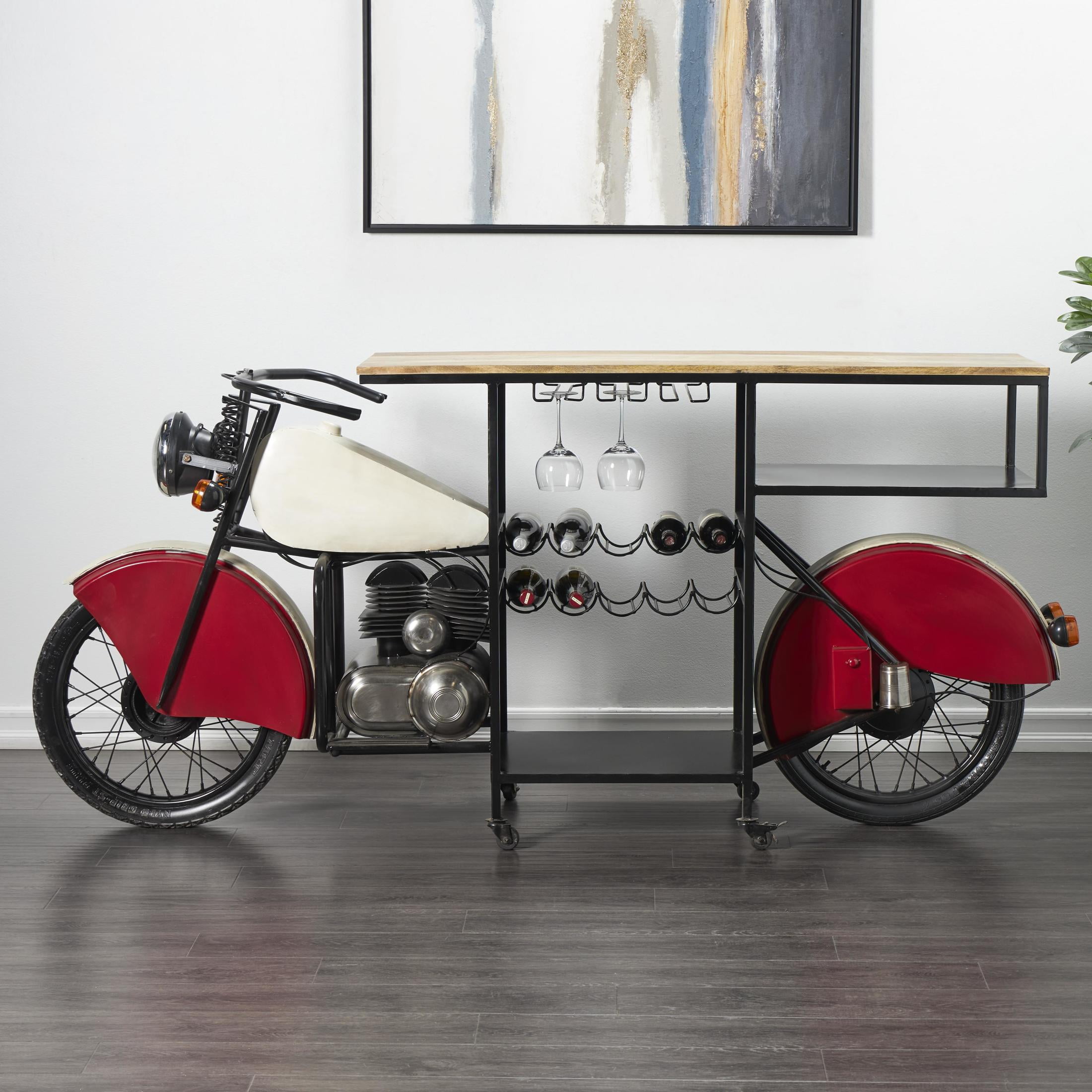 DecMode 72" x 41" Red Metal Motorcycle Vintage Style 10 Bottle Motorcycle Bar with Wood Bar Top and Red Accents, 1-Piece