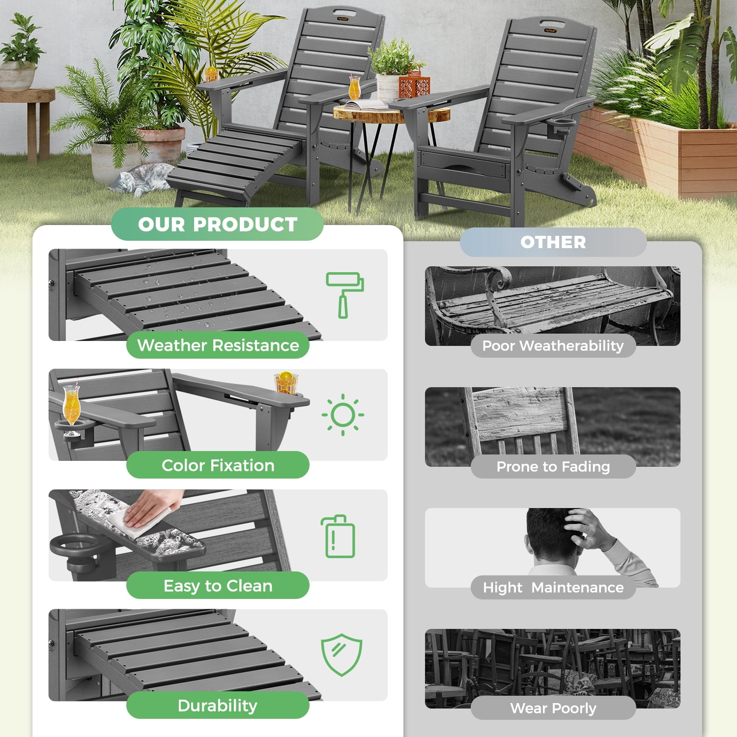 Folding Adirondack Chair with Ottoman Set of 2 HDPE Outdoor Chair Pull Out Footrest with 2 Cup Holders Garden Lawn Grey