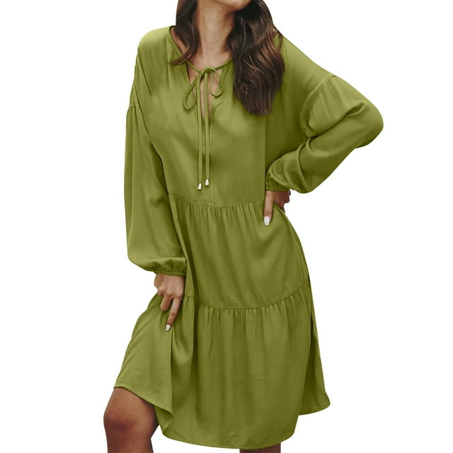 VEKDONE Womens Long Sleeved High Waisted Loose Solid Color Patchwork Skirt Mid Length Strap Sundress Green XL