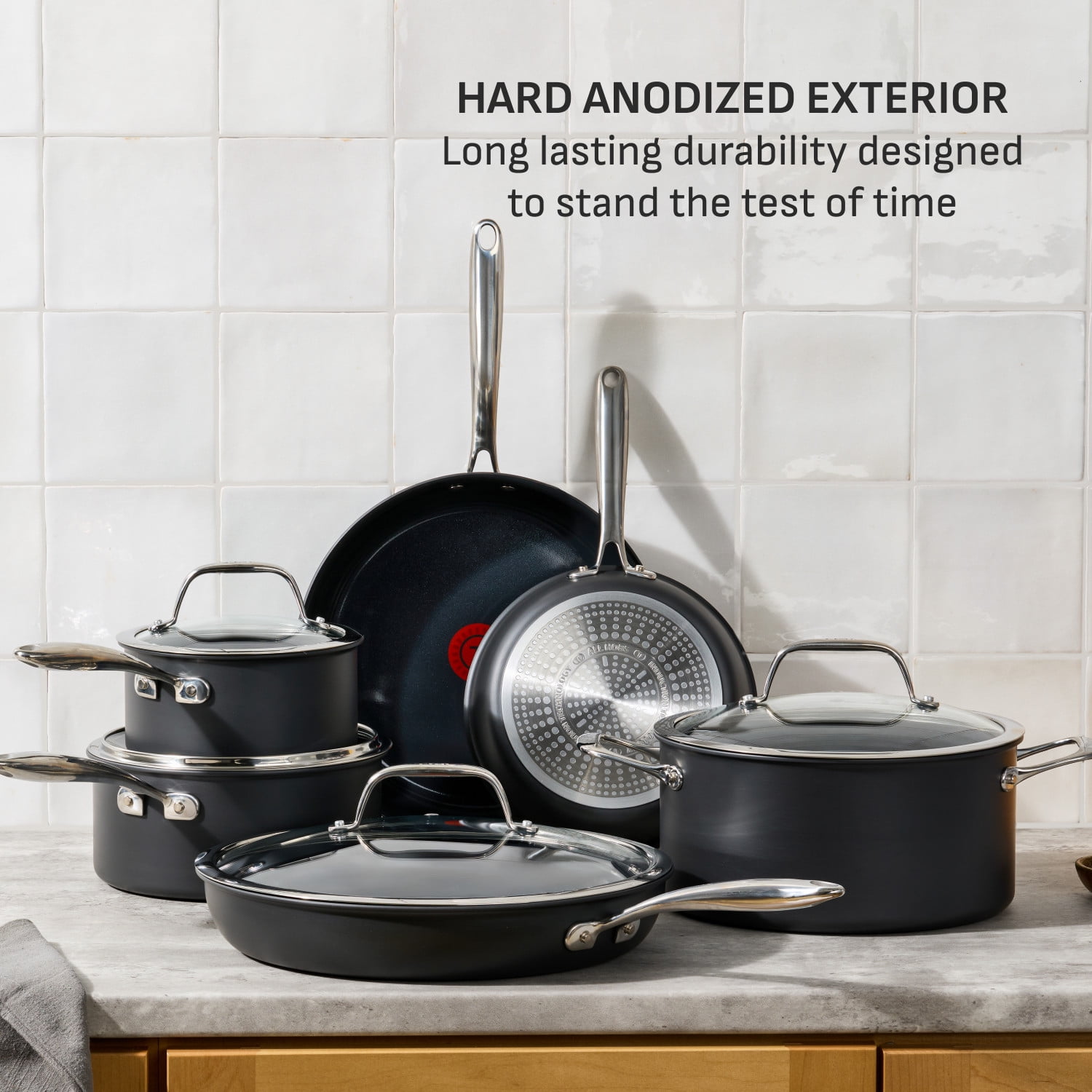 T-fal Hard Anodized with Ceramic Interior, 10 Piece Cookware Set, Black