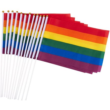 12 Pack Mini Rainbow Flags for LGBTQ Gay Pride Parade, Small Handheld Flag on Stick for Mardi Gras, 11.7 in
