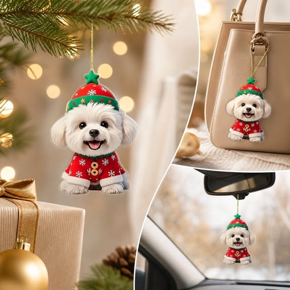 Orangide Dog Christmas Ornament Cute Maltese Puppy Acrylic Hanging Pendant for Christmas Tree Car Interior Home Holiday Party Decoration