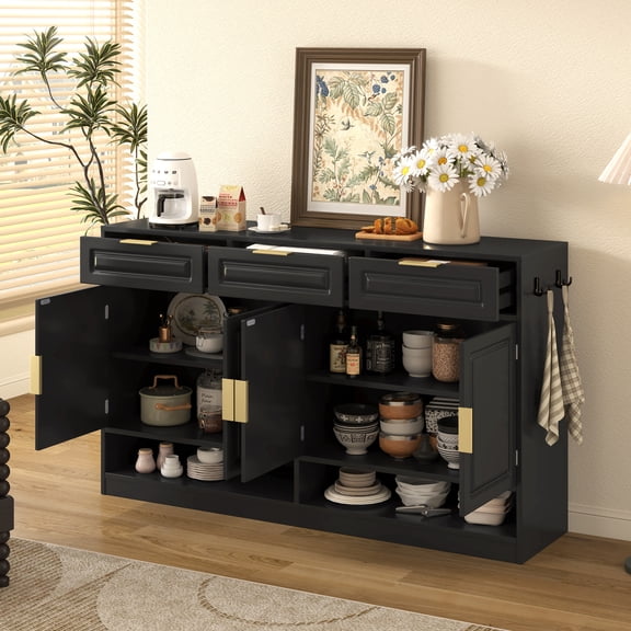 59.1" Farmhouse Sideboard with 3 Drawers and 4 Doors, Storage Buffet Cabinet with Adjustable Shelf and Open Compartments, Storage Cabinet with Hooks for Dining Room, Living Room, Entryway, Black