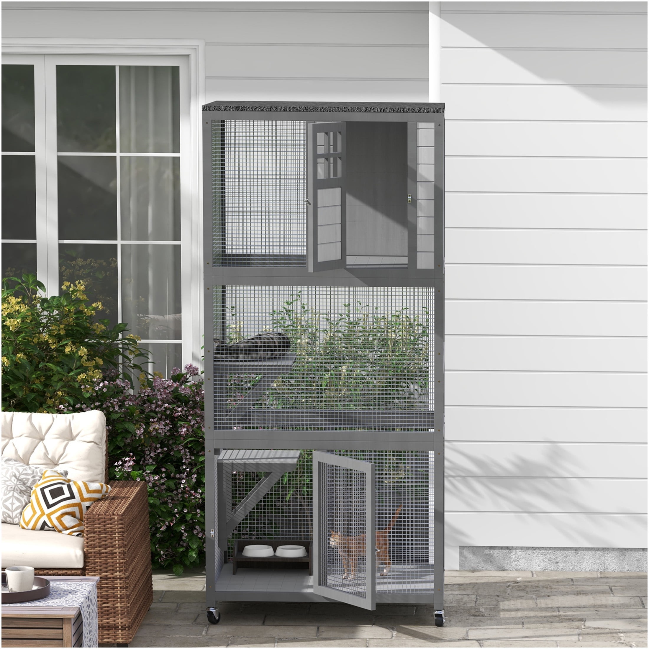 JERFIT 74" Outdoor Wooden Cat House Enclosure with Wheels, Weatherproof Large Catio Cage Condo for Indoor Outside Use, Light Gray