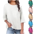 thumbnail image 3 of Staron Hauts en Coton et Lin pour Femmes Col Rond Manches Courtes Blouses Amples Décontractées Couleur Unie Basiques Tendance Été, 3 of 3