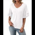 thumbnail image 3 of Hauts à Col en V pour Femmes, Manches Cloche à Double Couche, Manches à Volants 3/4, T-Shirts Blancs P, 3 of 8