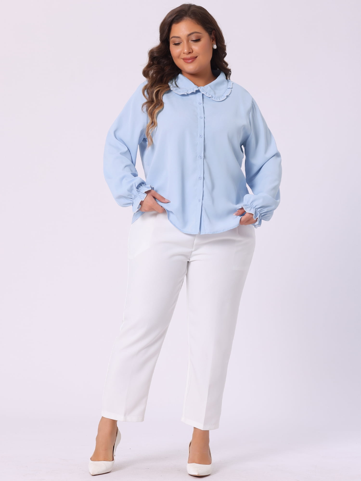 DARING DIVA Women's Plus Size Ruffle Long Sleeves Panper Pan Tops 1X Light Blue