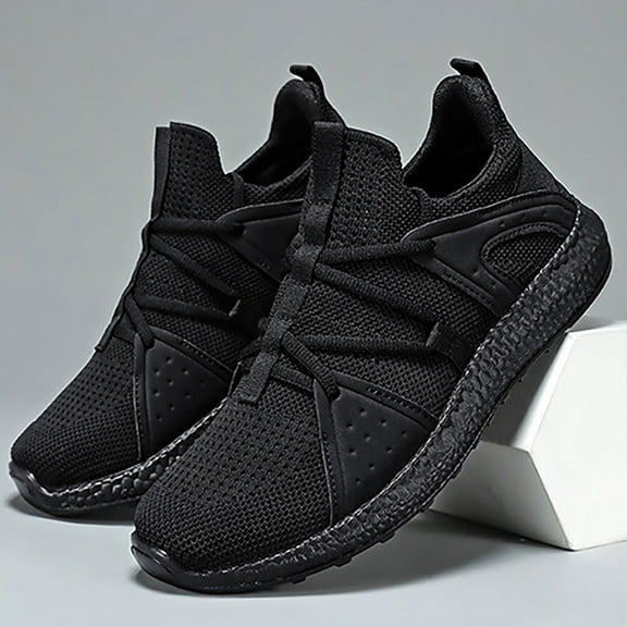 XIMIN Men’s Stylish Simple Black Non Slip Athletic Sneakers Lightweight Breathable Upper Slip-On Work Shoes Comfortable Casual Outdoor Activities Trainers