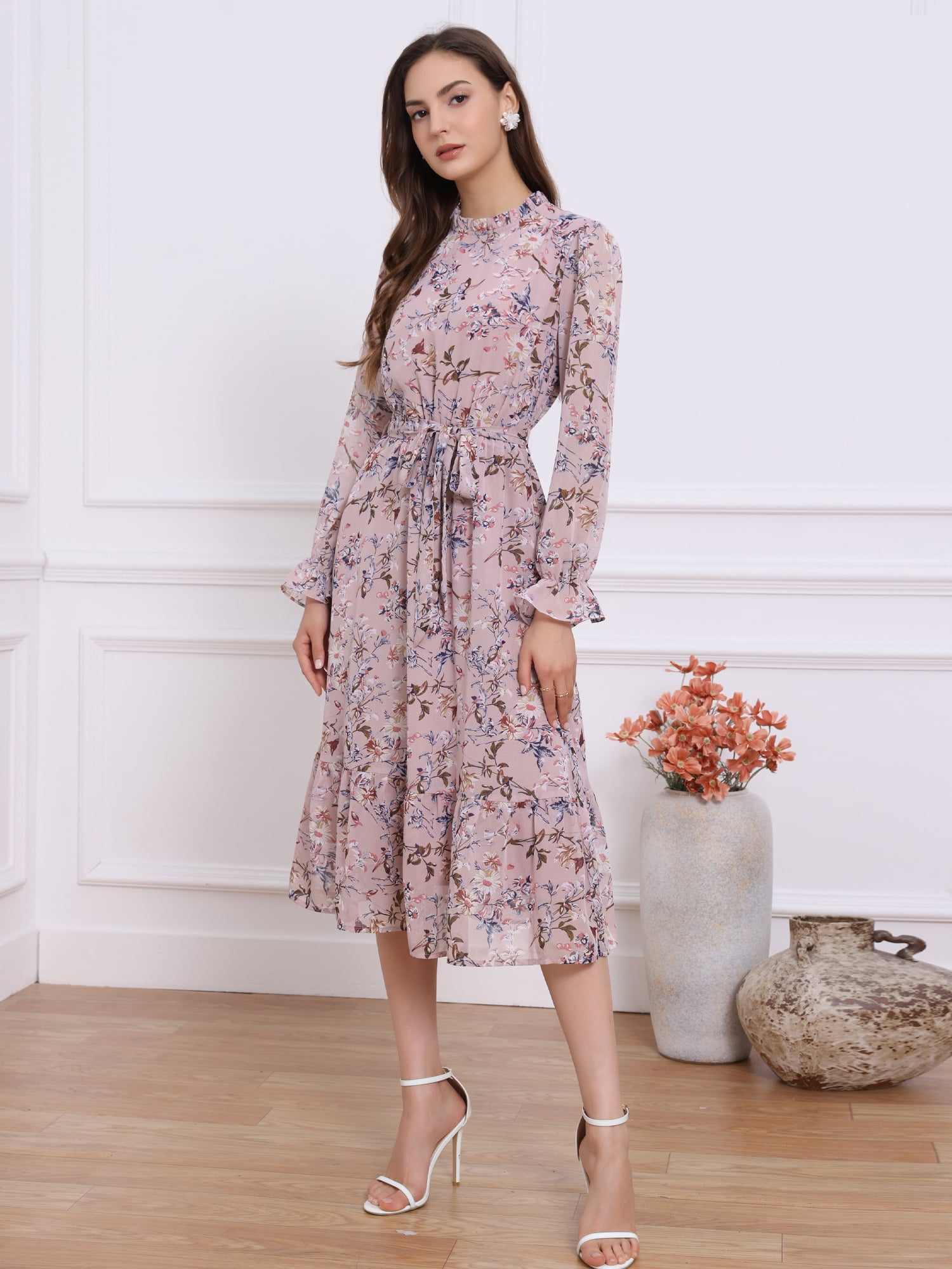 DARING DIVA Fall Floral Long Sleeve Chiffon Midi Dress M Pink