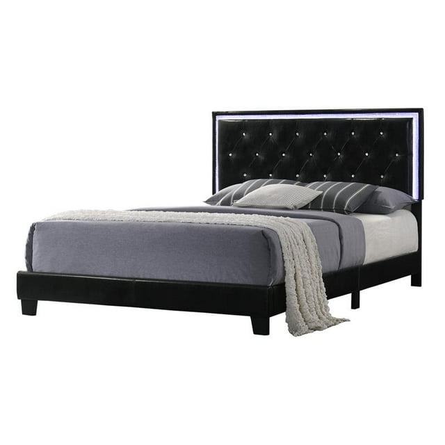 Lit en Simili Cuir Noir avec Tête de Lit LED Lumineuse en Simple