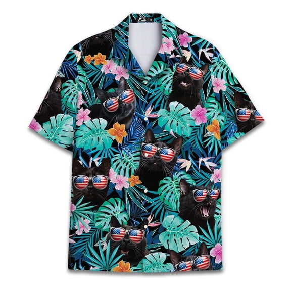 Tropical Black Cat Independence Day Funny Hawaiian Shirt For Men Cat USA Flag Button Down Shirt Men Tropical Hawaiian Shirts