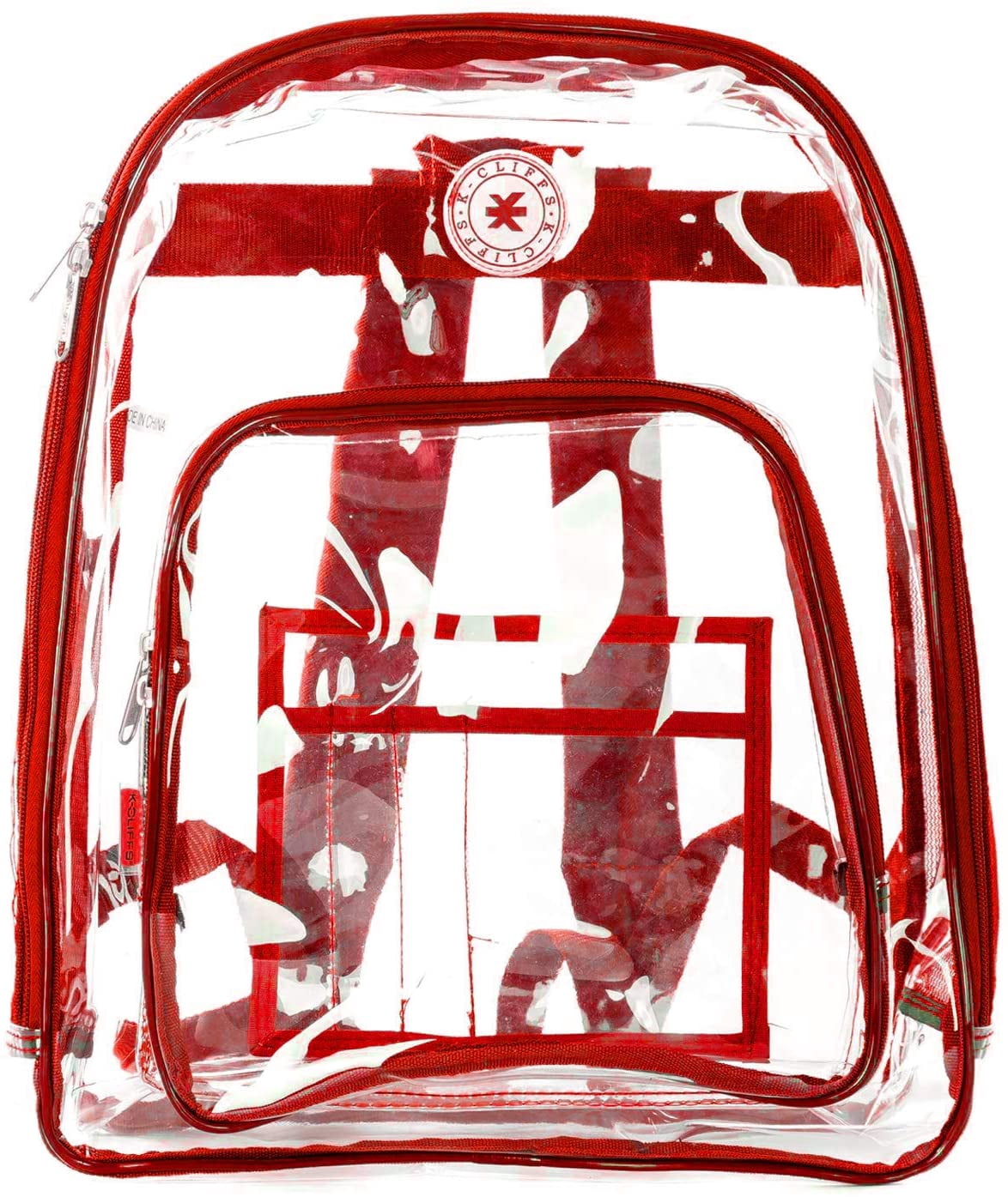K-Cliffs Unisex Heavy Duty Clear Backpack See Through PVC Work Security Bag Transparent Workbag Red