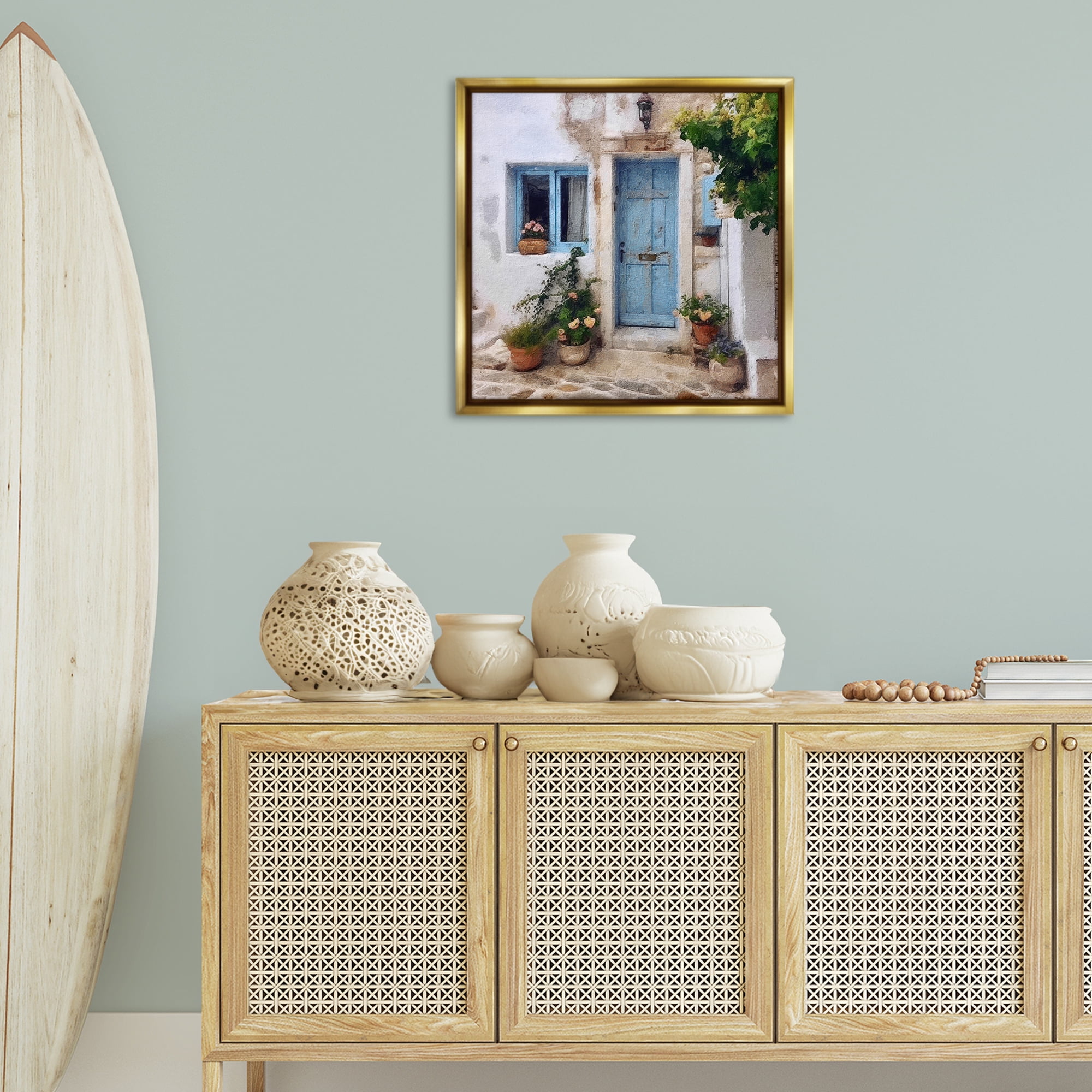 Stupell Industries Greek Door Architecture Town & City Painting Gold Floater Framed Canvas Art Print Wall Art, 25 x 25