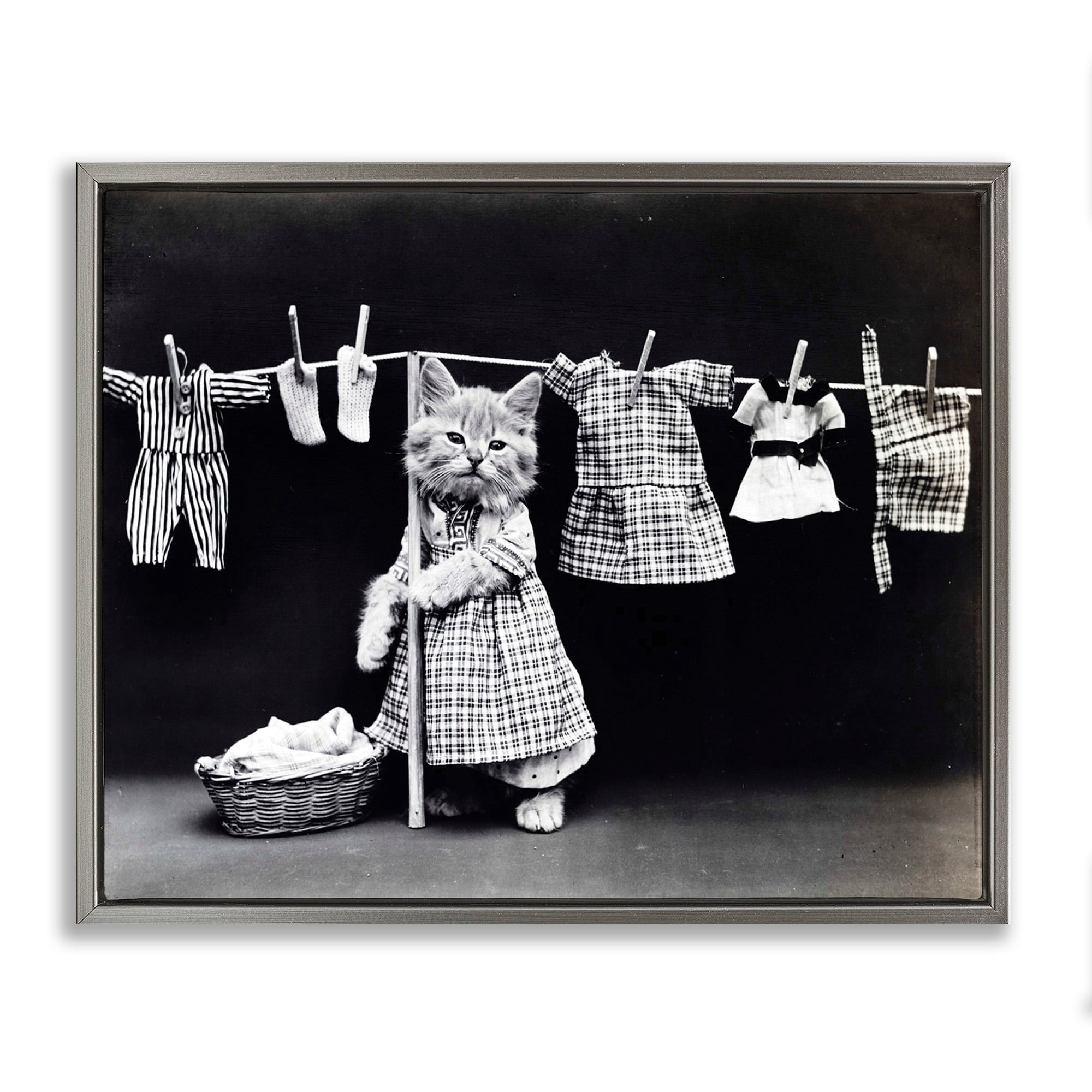 Stupell Industries Kitten Does The Laundry Luster Gray Framed Floating Canvas Wall Art, 24x30, by Daphne Polselli