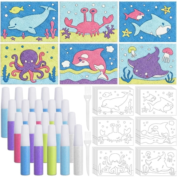 Ocean Animal Sand Art Kits for Kids - 30 Pack DIY Sand Painting Craft Set with 20 Colors Vibrant Sand, Educational Learning Toys, Birthday Party Favors, Gifts for Ages 3 