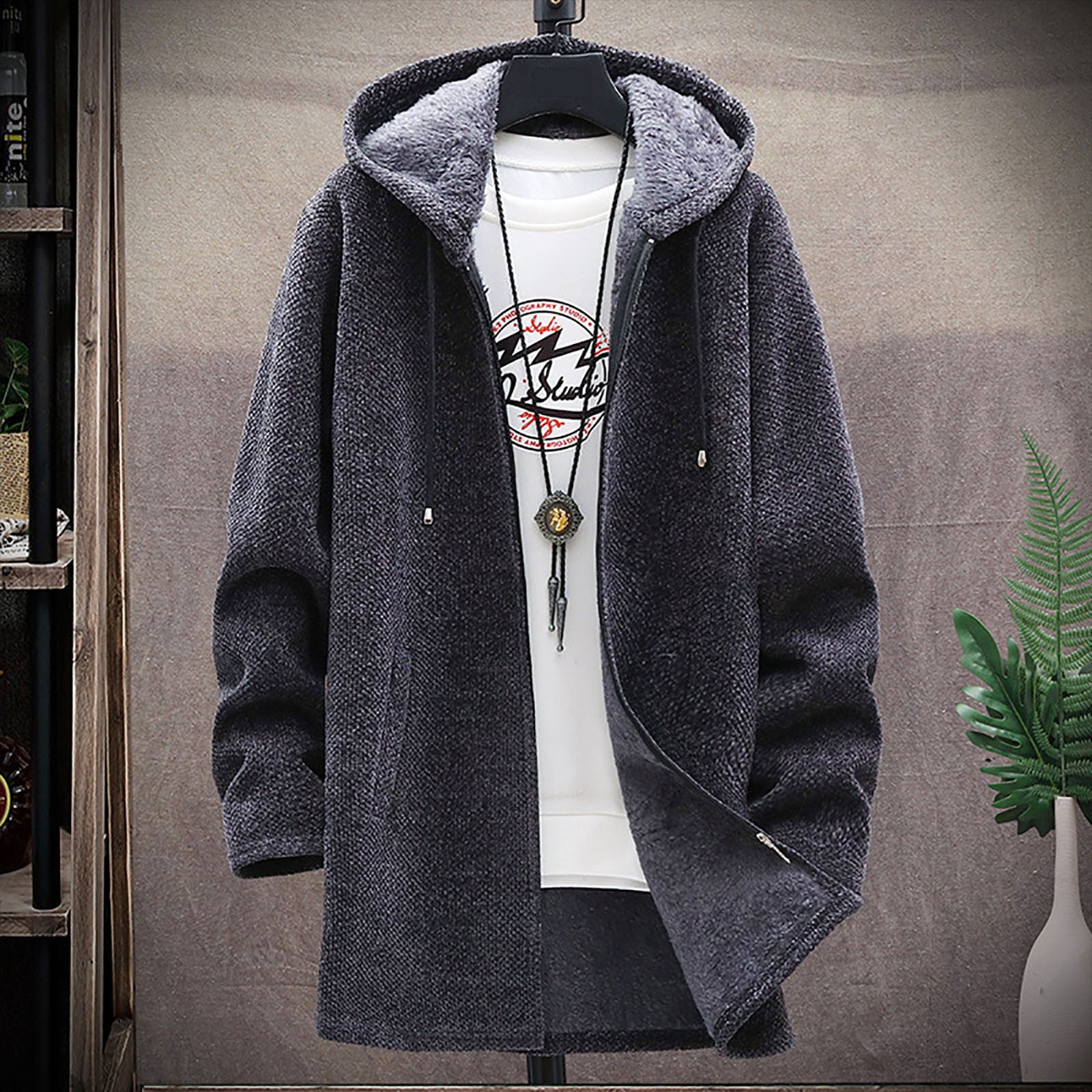Odeerbi Trench Coats for Men Mid-length Hooded Jacket Windbreaker Solid Solor Casual Anoraks Gray