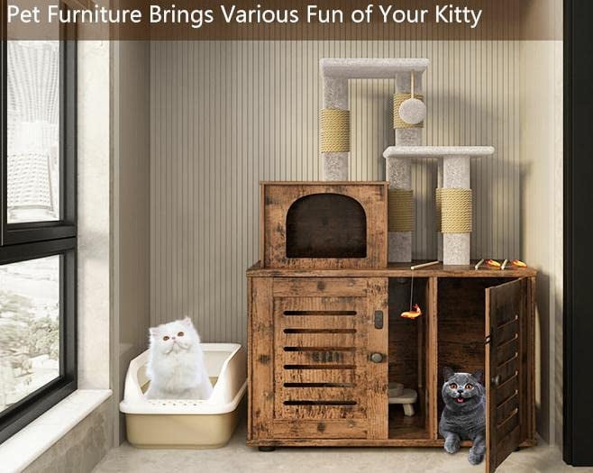 Cvortll Cat Litter Box Enclosure,Hidden Kitty Washroom,Multifuctional Enlarged Cat Litter Cabinet Cat House with Cat Tree Tower Scratching Post,Removable Divider,Rustic Brown