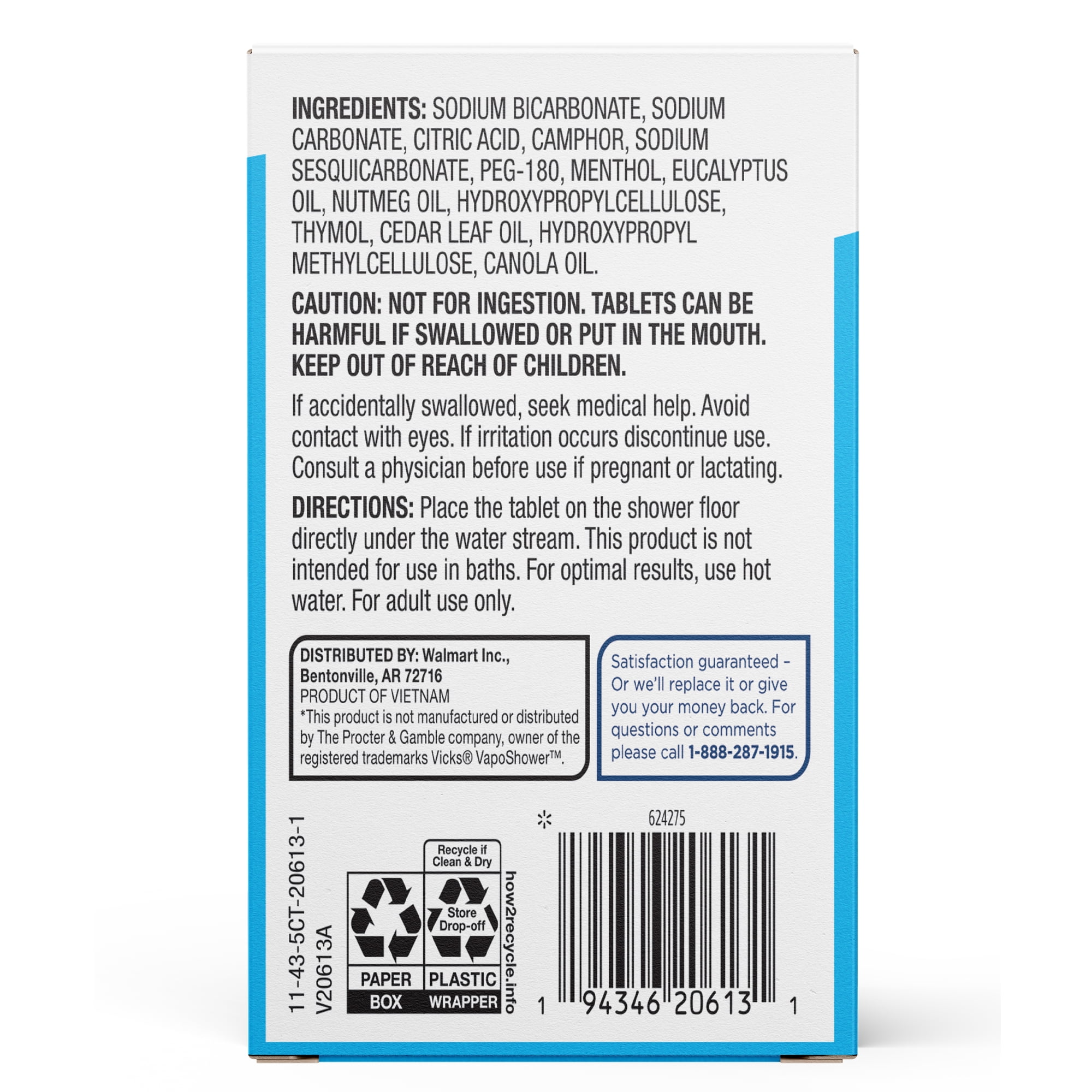 Equate Vapor Shower Tablets - Non-Medicated - Eucalyptus & Menthol Scented Steamers - 5 Count