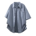 thumbnail image 3 of Mens Plaid Shirt Short Sleeve Button Down Cotton Blend Dress Shirt Loose Wrinkle Free Casual Business Summer Gingham Shirts with Chest Pocket Size 3XL Dark Blue, 3 of 8