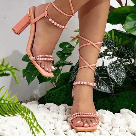 

Women‘s Faux Pearl Decor Gladiator Sandals Block Heeled Strappy Sandals Square Toe Clear Strap Dress Shoes