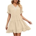thumbnail image 2 of ClodeEU Women's Summer V Neck Short Sleeve Ruffle Tiered Mini Dress, Loose Fit Casual Flowy Sundress Khaki,Women's Plus XL, 2 of 8