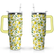 40oz Yellow Lemon Pattern Stainless Steel Flip Straw Tumbler Spill Proof Travel Cup Double Wall Vacuum Insulated Coffee Mug with Top Handle