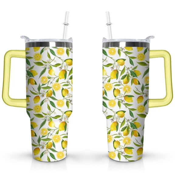 40oz Yellow Lemon Pattern Stainless Steel Flip Straw Tumbler Spill Proof Travel Cup Double Wall Vacuum Insulated Coffee Mug with Top Handle