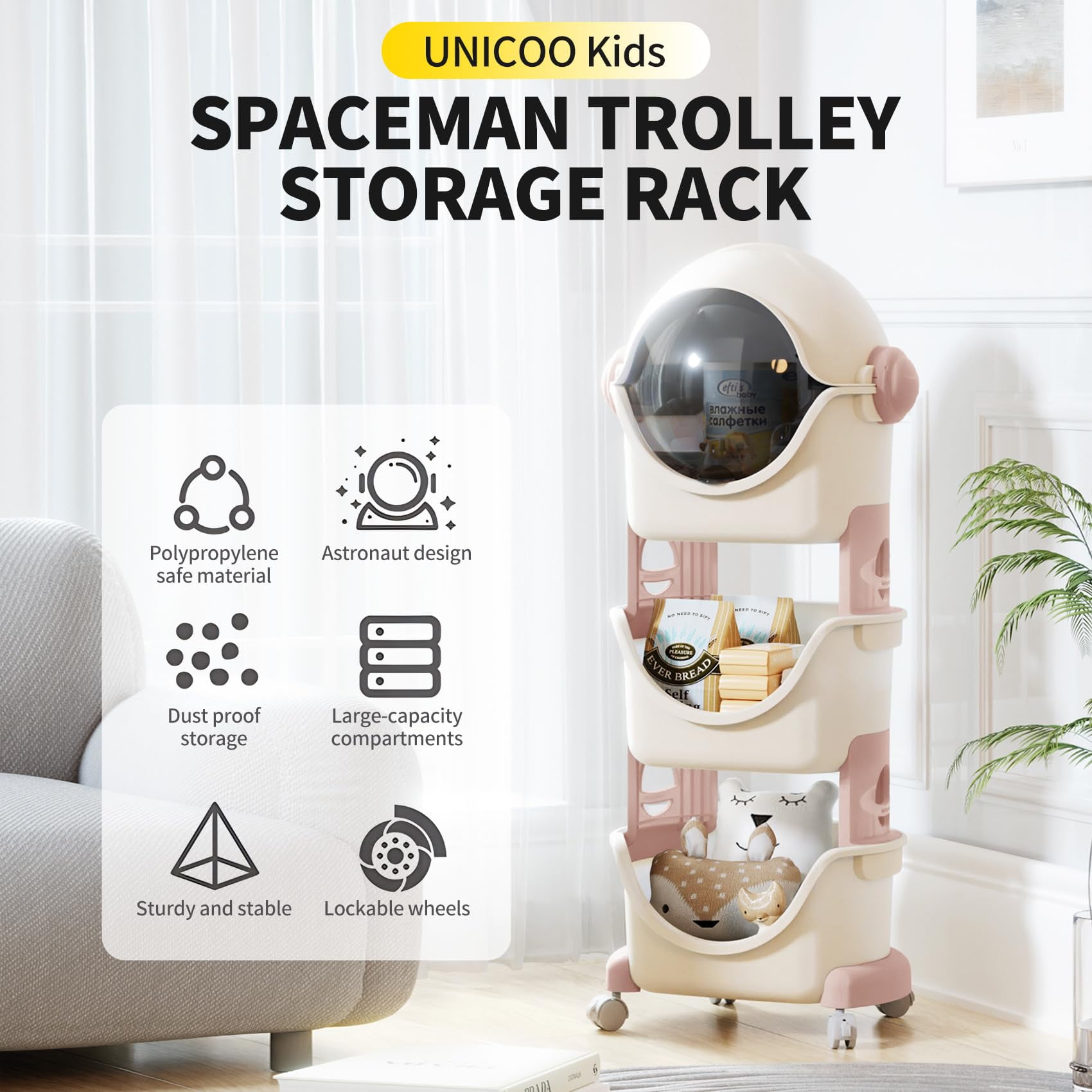UNICOO® Kids Spaceman Toy Storage Organizer, 3-Tier Stackable Plastic Rolling Cart, Multi-Functional Children's Storage Rack Shelf with Wheels for Playroom, Bedroom, Classroom, Nursery (Pink & White)