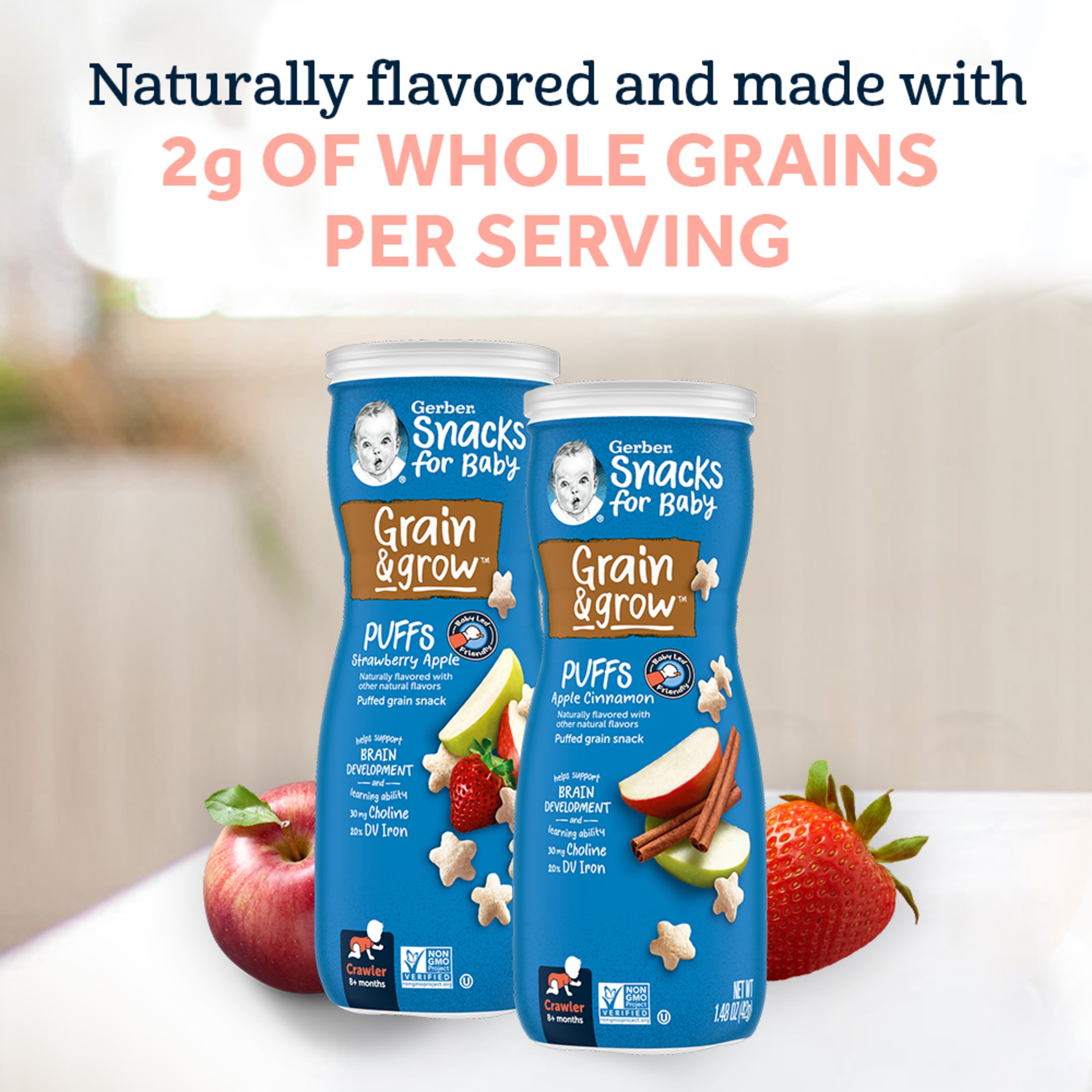 Gerber Snacks for Baby Grain &amp; Grow Puffs, Banana &amp; Apple Strawberry Variety Pack, 1.48 oz Canister (4 Pack) - image 3 of 6