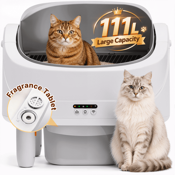 Cat Litter Box, Self Cleaning Automatic Litter Box with 111 Large Cpacity, Self Cleaning Litter Box, APP Control & 8 Safety Sensors, Odor Removal, Anti-Pinch Design for Multiple Cats, Liner Gift