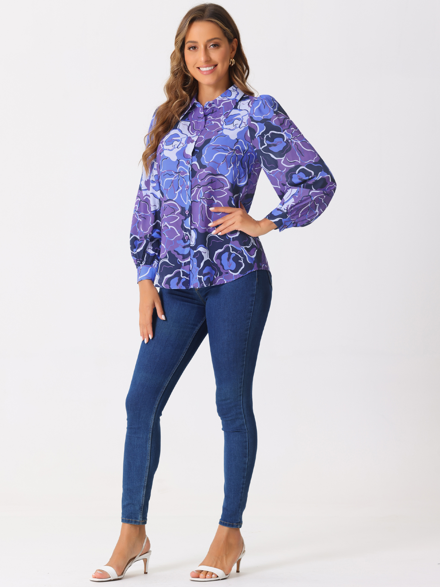DARING DIVA Women's Button Down Floral Print Chiffon Tops S Purple
