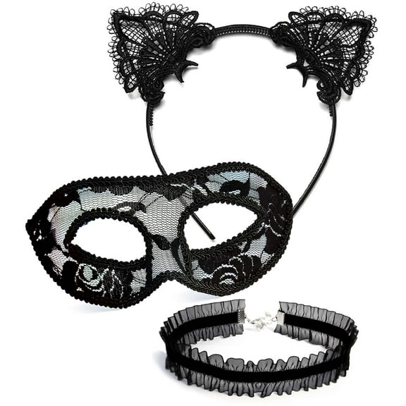Black Lace Cat Costume Accessories Set for Women. With a Sexy Masquerade Lace Mask, Lace Cat Ears Headband & Sheer Choker. 3 Pieces