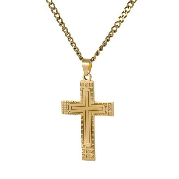 Geometric lines Jesus Cross 14K Yellow Gold Pendant Necklace Gold Color for Women/Men Religious Christian Necklaces Jewelry