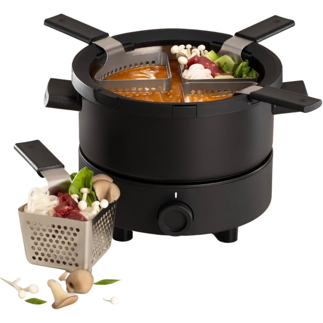 Fondussimo Evolution Small Fondue Set, Electric Fondue Pot for 4 People, Comes with 4 Perforated Baskets. for Broth and Meat Fondue. Heat-Resistant Base, Adjustable Temperature Control.