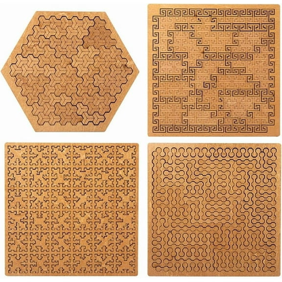 Fractal Tray Puzzles, Hard Difficult Wooden Jigsaw Puzzles for Adults, Portable Impossible Reverse Thinking Challenging No Image Puzzle(4pcs)