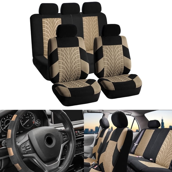 FH Group Beige Universal Auto Seat Covers Full Set for SUV Car w/ Front & Rear Floor Mats