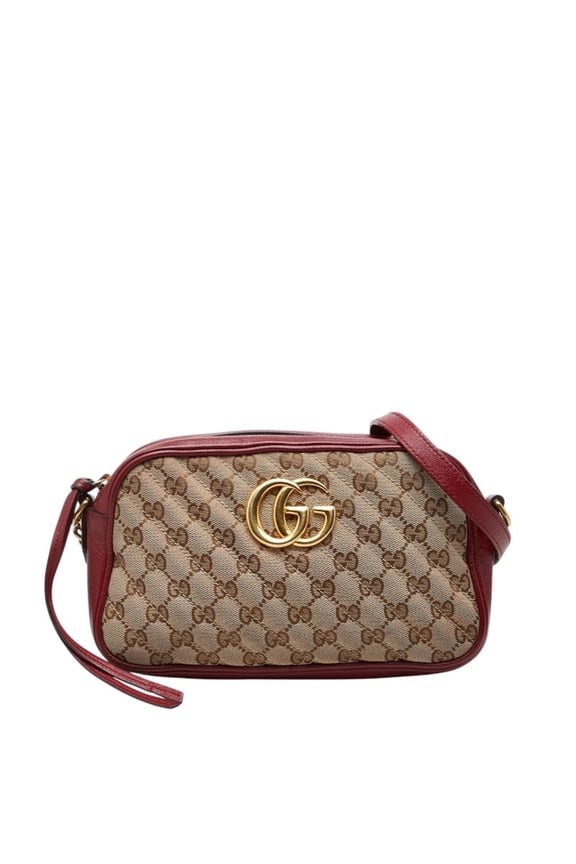 Pre-Owned Gucci GG Marmont Canvas Crossbody Chain Shoulder Bag 447632 Beige Red Leather Women's...