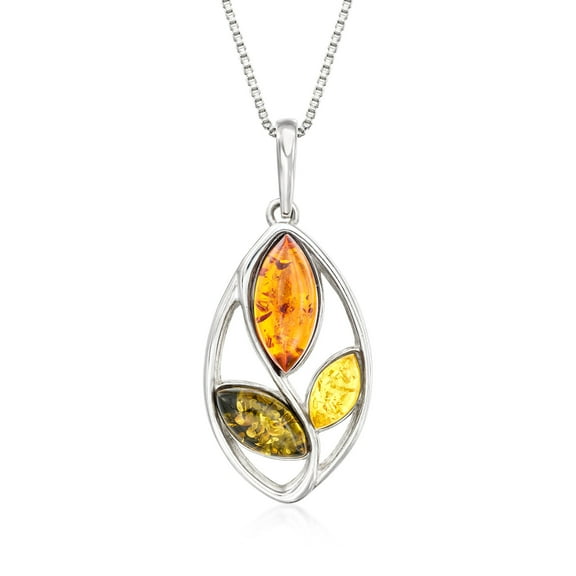 Ross-Simons Multicolored Amber Leaf Pendant Necklace in Sterling Silver, Women's, Adult