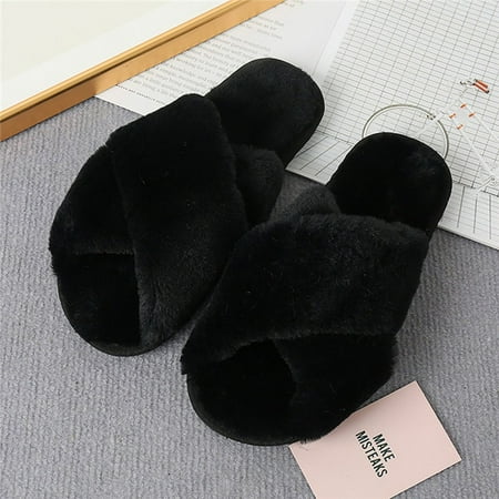 

CoCopeanut 2022 New Design Women Winter House Furry Slippers Women Cross Fluffy Fur Home Slides Flat Indoor Floor Shoes Ladies Flip Flops