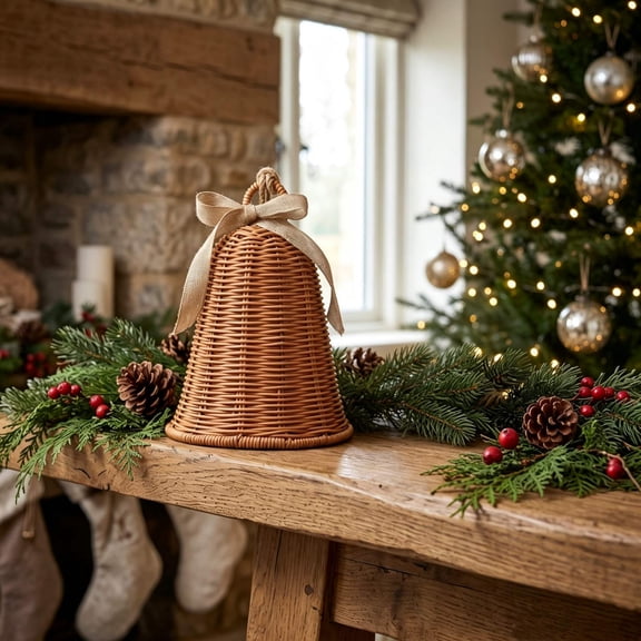 Woven Rattan Bell Ornaments with Burlap Bow 7.87", Natural Hanging Bell Christmas Tree Decorations for Farmhouse Holiday Decor, Wreaths and Gift Wrapping