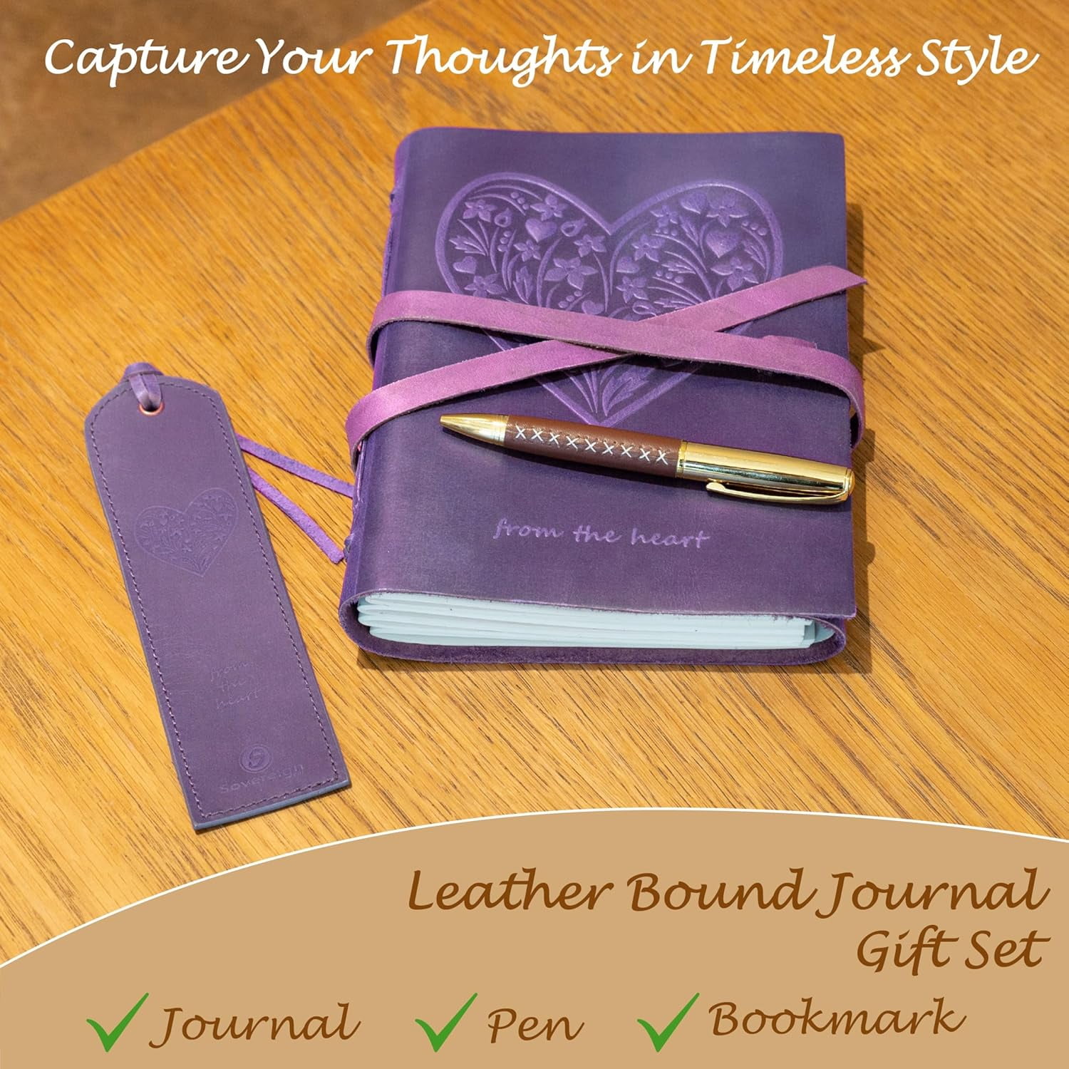 Heart Leather Journal Gift Set with Bookmark & Pen,  Writing Notebook for Women