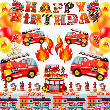 Fire Truck Party Decorations, 110 Pcs Firetruck Birthday Decorations - Fire Truck Party Balloons & Fire Truck Birthday Banner Cake Toppers Tablecloth etc Firefighter Birthday Party Decorations