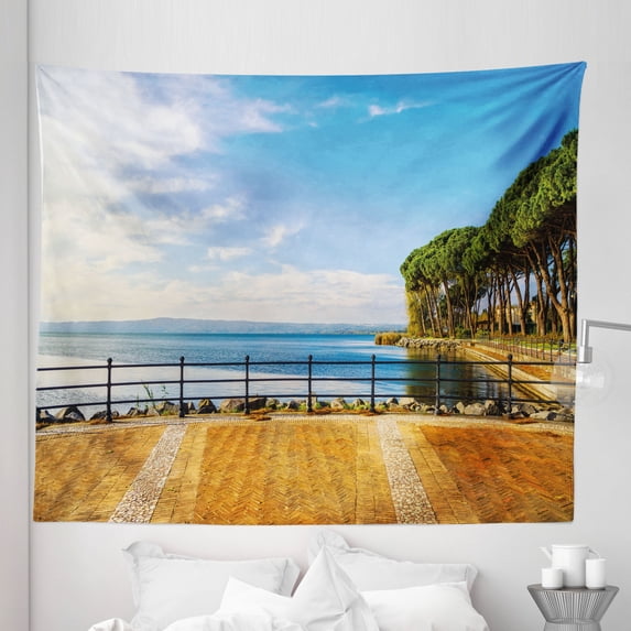 Italian Tapestry, Terrace Promenade Balcony and Pine Trees in Bolsena Lake Italy Print, Fabric Wall Hanging Decor for Bedroom Living Room Dorm, 5 Sizes, Blue and Pale Brown, by Ambesonne