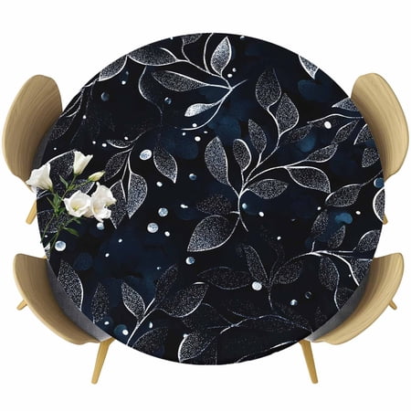 Eucalyptus Leaves Round Tablecloth Fitted Table Cover with Elastic for 45 -54 Round Tables Black Botanical Plants Silhouette Table Cloth Outdoor Indoor Dinning Party Waterproof Tablecloths