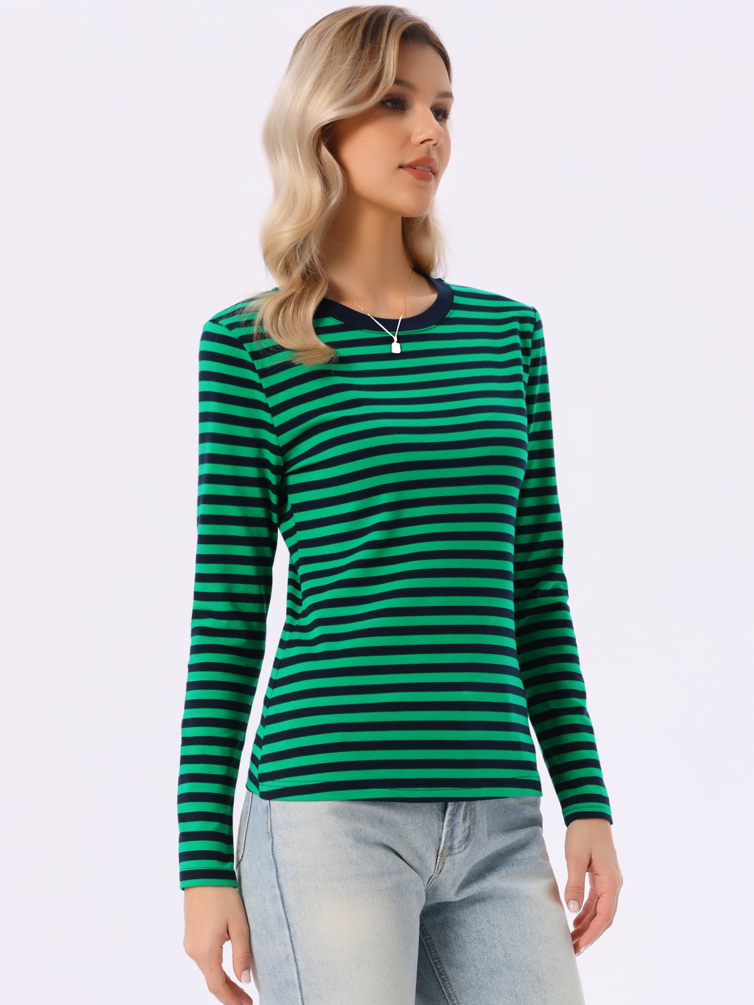 DARING DIVA Women's Striped Long Sleeve Cotton Crew Neck Tees M Green Striped