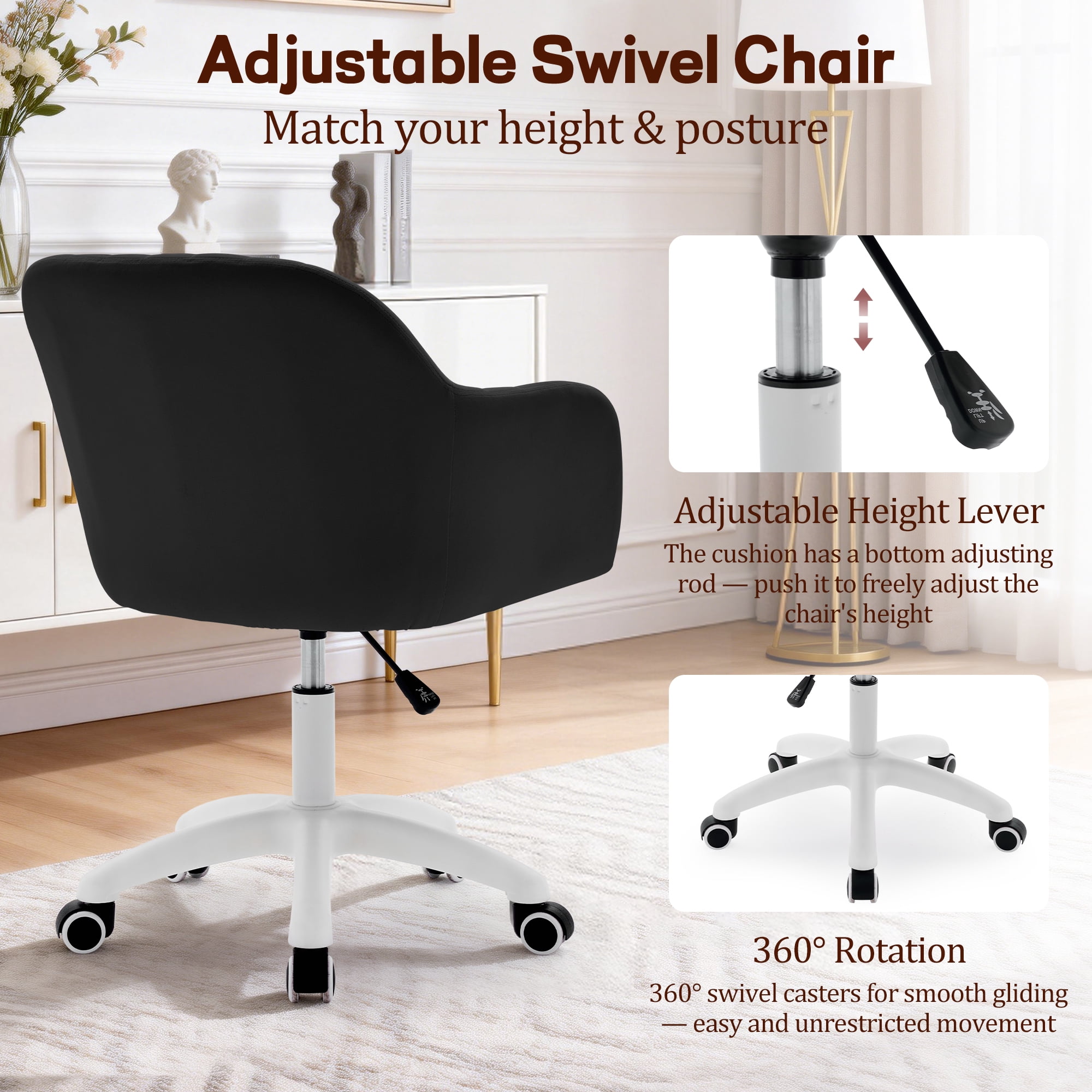 Korser Adjustable High Vanity Chair with Pillow Velvet Swivel Desk Chair with Wheels,Space-Saving Makeup Computer Chair,Home Office Desk Chair,Black