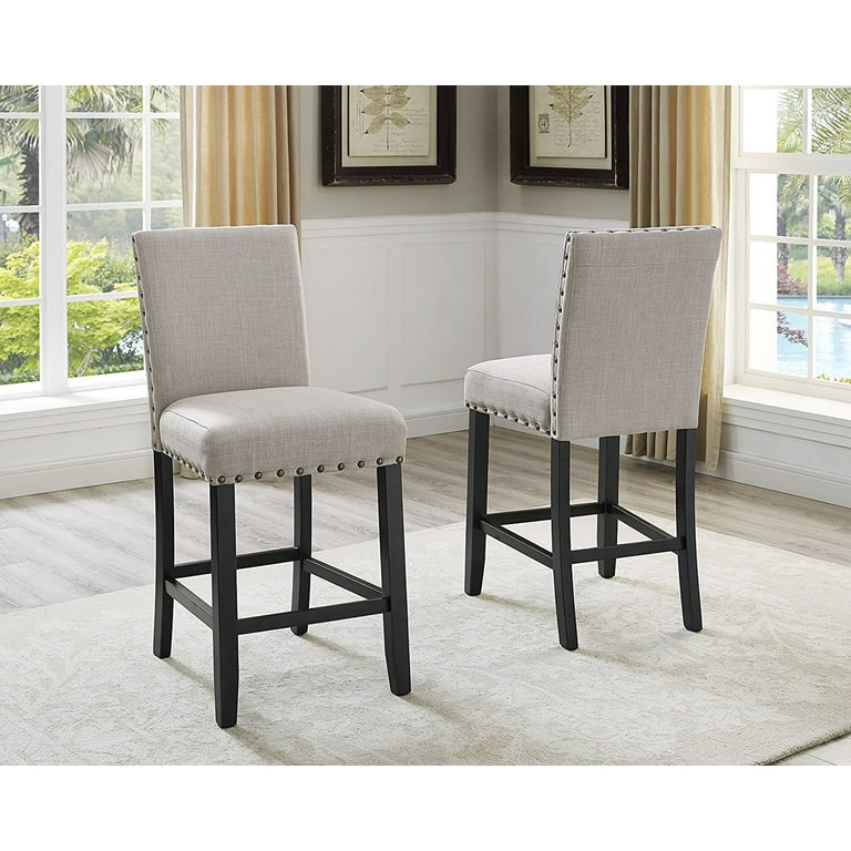 Roundhill biony espresso wood dining set with tan fabric nailhead best sale chairs