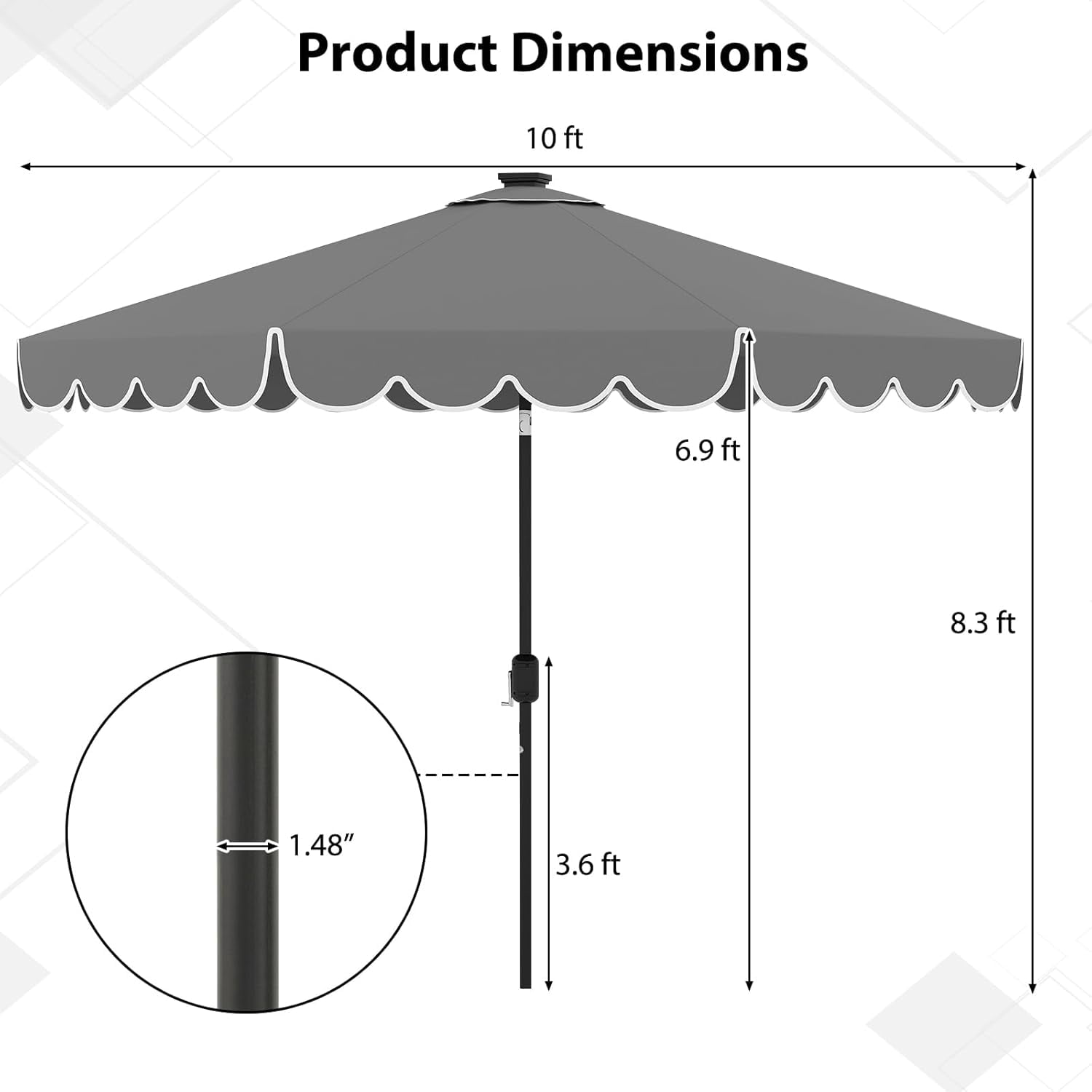 ZYPPP 10FT Solar LED Patio Umbrella, 2-Tiers Scalloped Outdoor Table Market Umbrella with 24 LED Lights, Vented Top, Tilt Adjustment, Crank, 8 Ribs for Backyard Poolside Deck Beach Lawn (Gray)