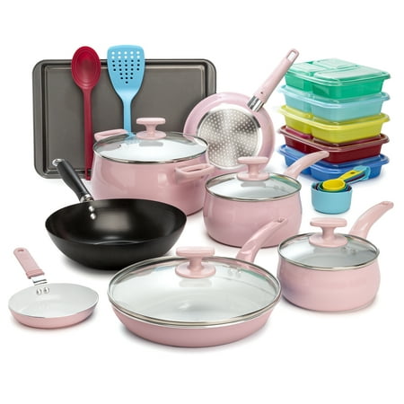 Tasty 24 Piece Titanium Ceramic Non-Stick Cookware Set, Dishwasher Safe, Pink